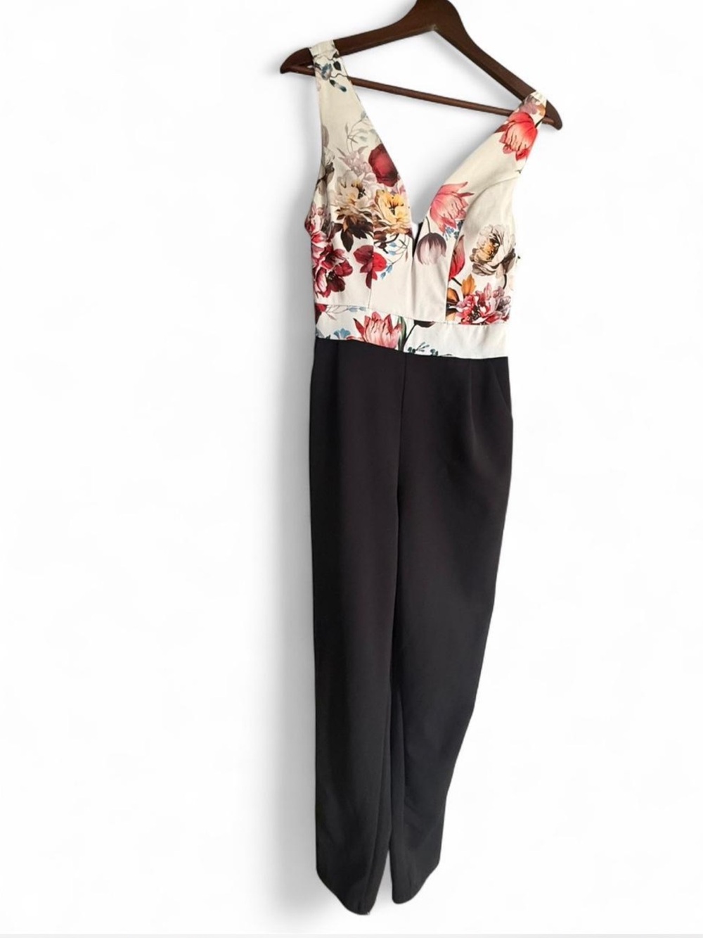 Lucila Segura-Floral V-Neck Jumpsuit in Black and Ivory